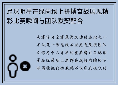 足球明星在绿茵场上拼搏奋战展现精彩比赛瞬间与团队默契配合