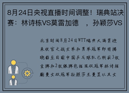 8月24日央视直播时间调整！瑞典站决赛：林诗栋VS莫雷加德​，孙颖莎VS王曼昱